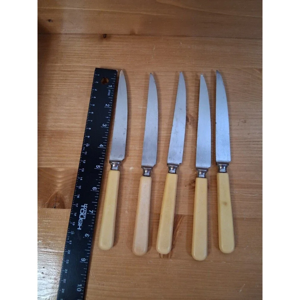 5pc Set Bakelite Pale Yellow Sheffield Steak Knives READ